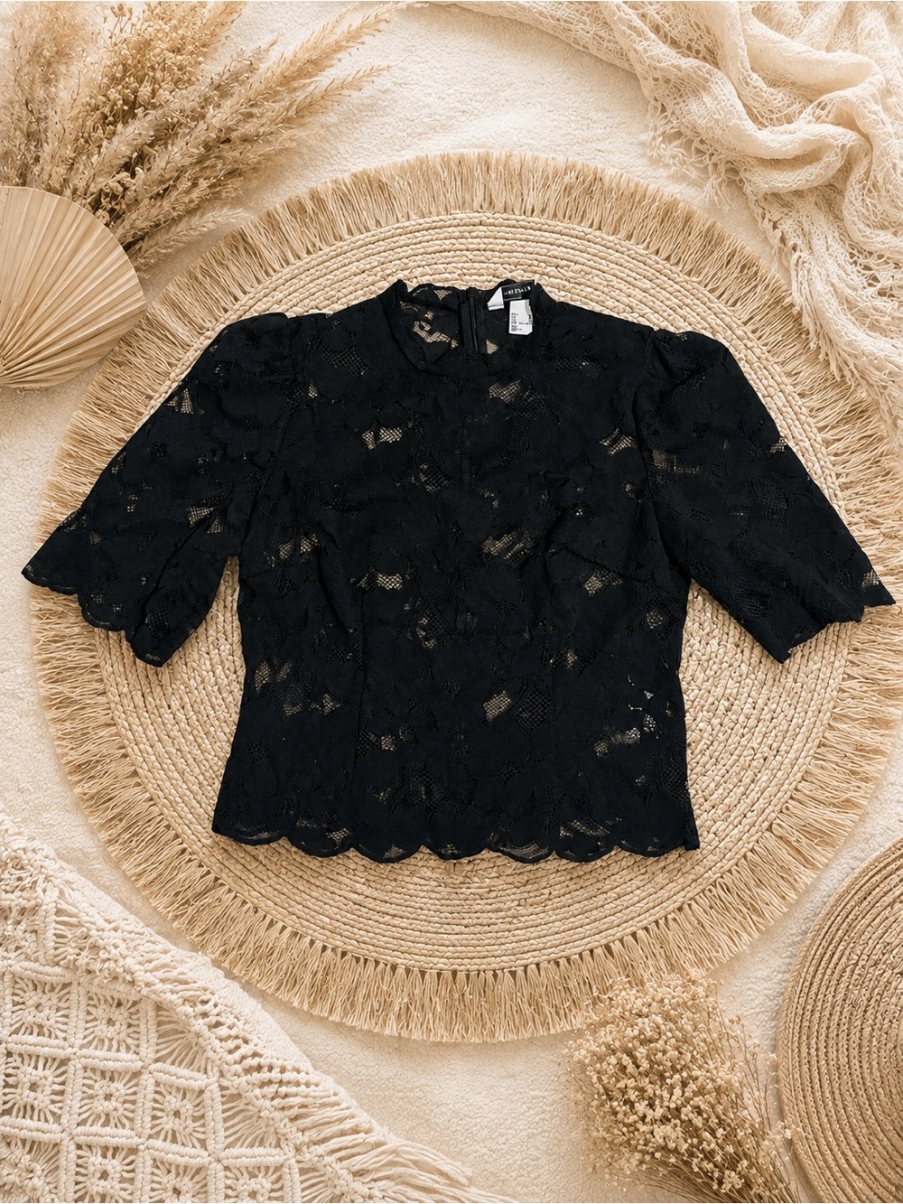 H&M Divided Black Floral Lace Blouse | Puff Sleeve Mock Neck Top | Romantic Chic